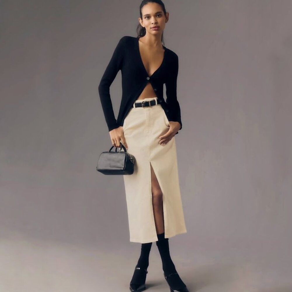 Pilcro Structured Column Denim Midi Skirt Front Slit Cream US 8